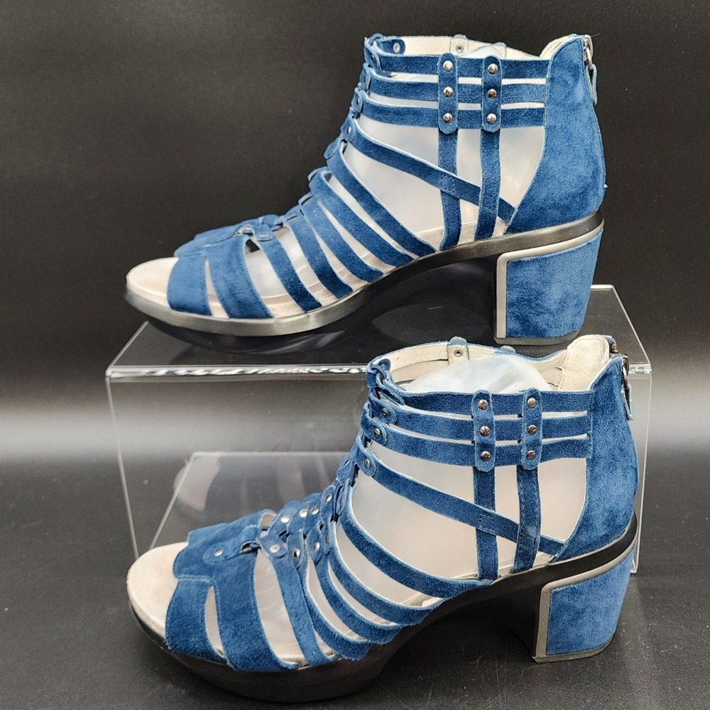 Jambu 11 Blue Sugar Too Suede Leather Strappy Gladiator Block Heel Sandal Stud